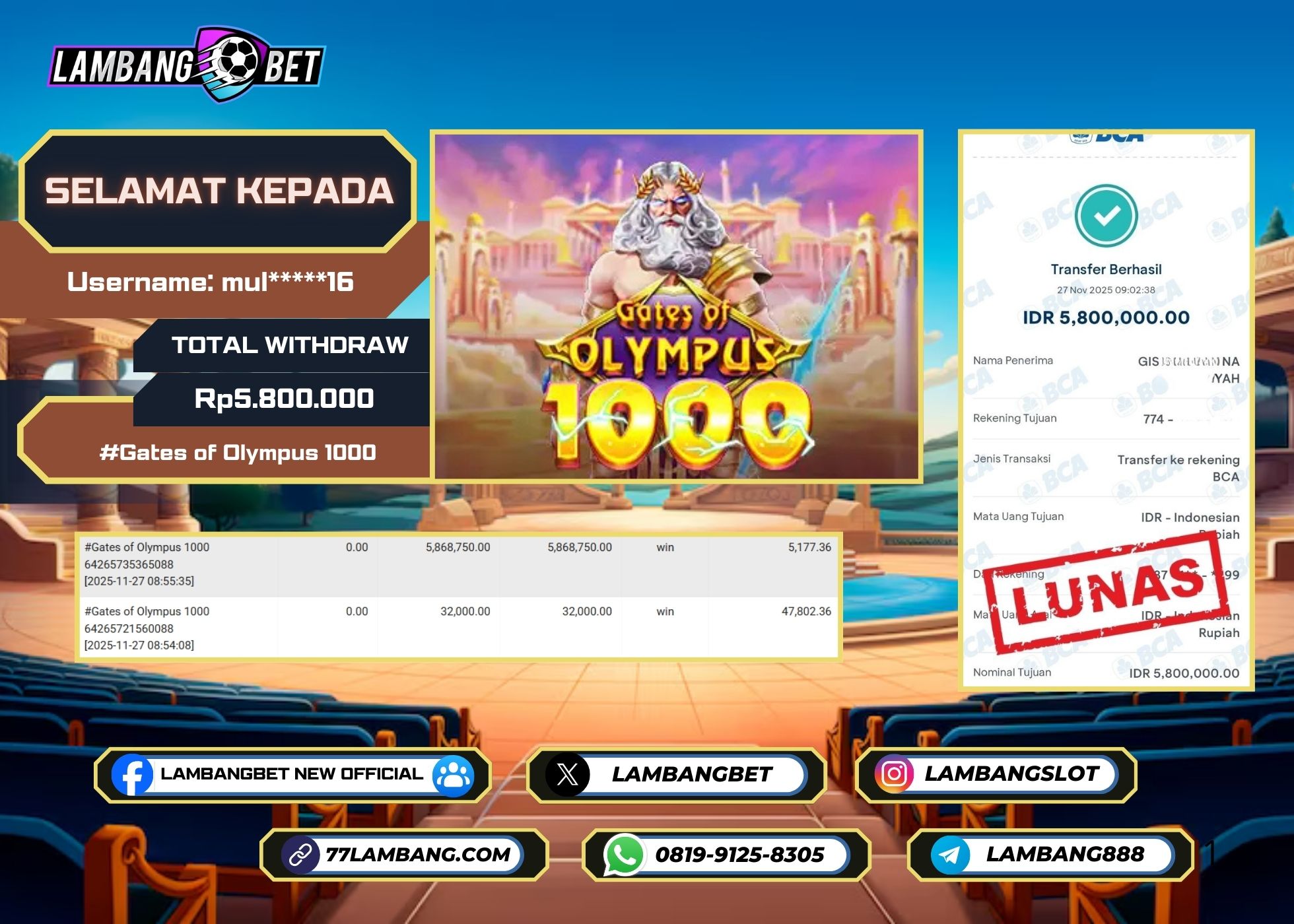 LAMBANGBET [27 NOVEMBER 2025] JACKPOT SLOT Gates of Olympus 1000 "Rp5.800.000" LUNAS